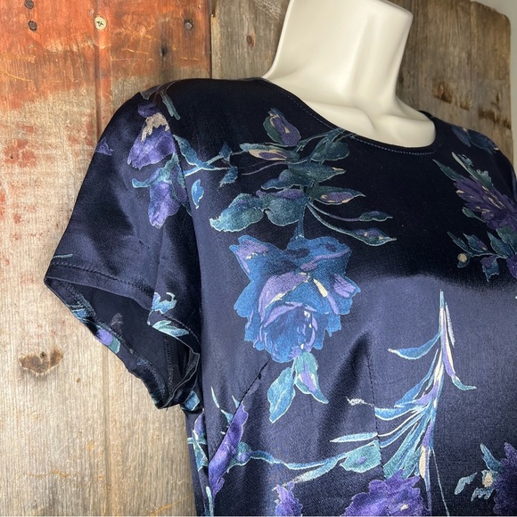 Laura Ashley 90s Vintage Satin Dark Floral Short Sleeve Maxi Dress Size 6 - Picture 3 of 10